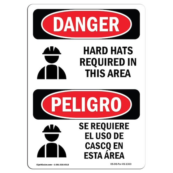OSHA, Hard Hats Required In This Area Bilingual, 18in X 12in Rigid Plastic, 12" W, 18" H, Spanish